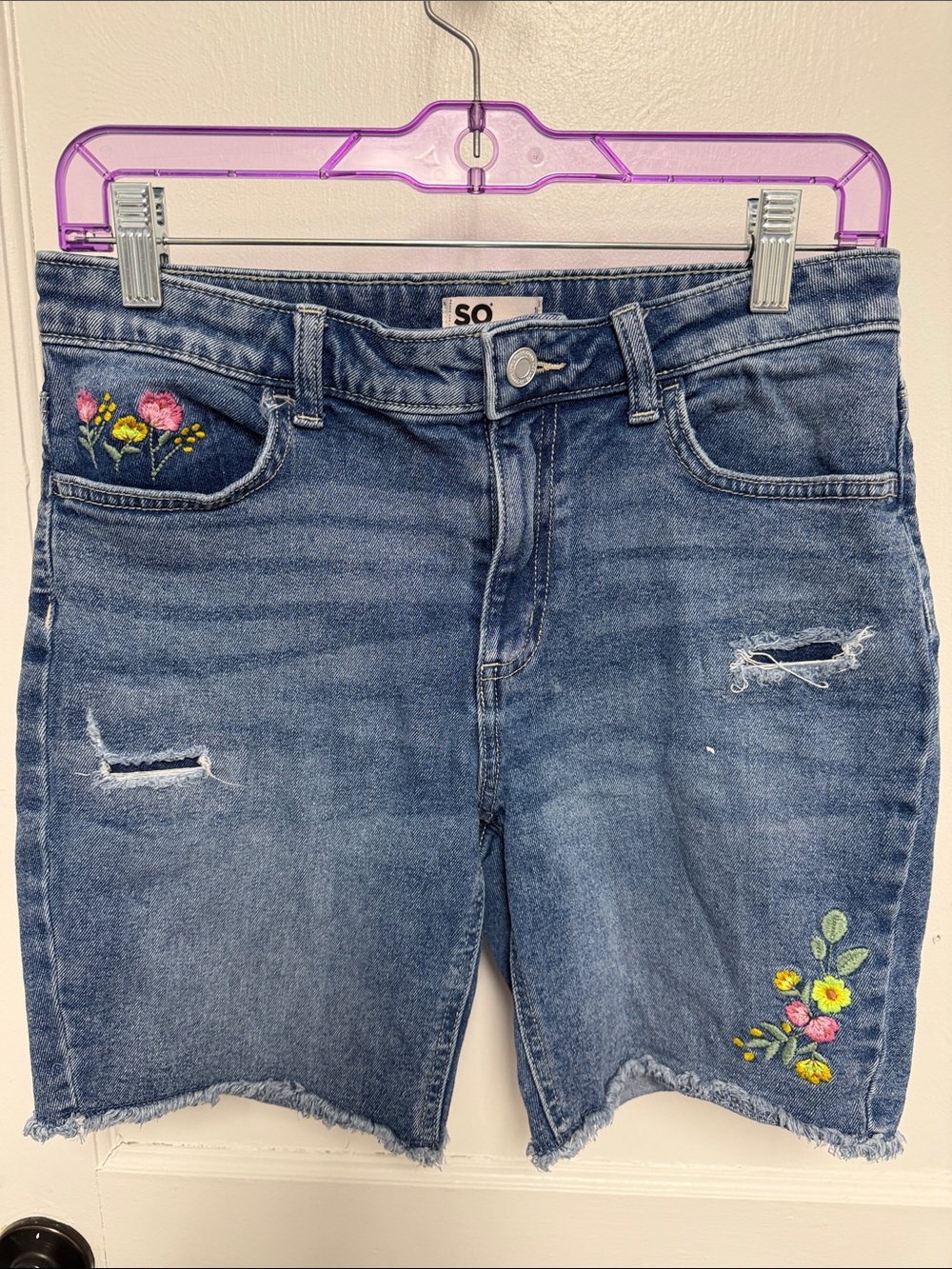 SO Blue Embroidered Denim Bermuda Shorts